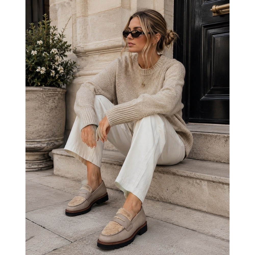 Andre Assous Women 11 Leather Fur Penny Loafers Taupe Lug Sole Made Portugal